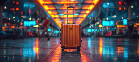 Traveler suitcase at the airport before departure. Travel, vacation, tourism, flights concept. Selected focusの素材