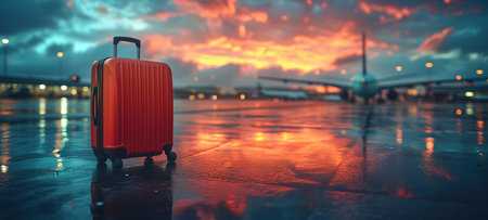 Traveler suitcase at the airport before departure. Travel, vacation, tourism, flights concept. Selected focusの素材