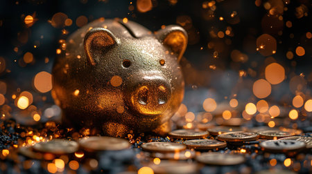 The golden piggy bank is surrounded by a large number of bitcoin coins on a dark background. The concept of financial literacy and cryptocurrency holding.の素材