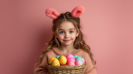 Holidays, spring and party concept. Portrait tender, blond girl in white dress and rabbit ears, tilt head cute, smiling happy as holding painted eggs, celebrating Easter, pink backgroundの素材