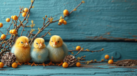 Blue, yellow, white eggs in the nest and yellow chicks on a blue wooden background. The minimal concept. An Easter card with a copy of the place for the text.の素材