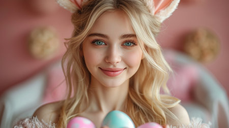 Holidays, spring and party concept. Portrait tender, romantic blond girl in white dress and rabbit ears, tilt head cute, smiling happy as holding painted eggs, celebrating Easter, pink backgroundの素材