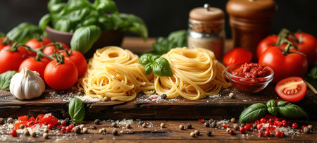 Food background. Italian food background with pasta, ravioli, tomatoes, olives and basil on dark background. Bannerの素材