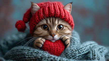 A red knitted heart in the paws of a cat. A postcard with a gray and black fluffy cat for Valentine's Day. Festive background with a cat. copy spaceの素材