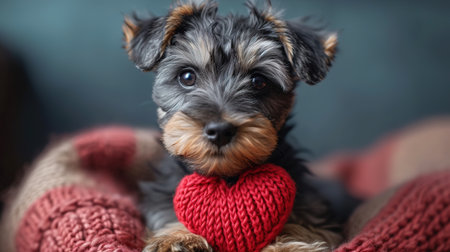 Cute lover Valentine puppy dog lying with a red heart, isolated on blue background. With copy spaceの素材