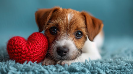 Cute lover Valentine puppy dog lying with a red heart, isolated on blue background. With copy spaceの素材