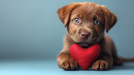 Cute lover Valentine puppy dog lying with a red heart, isolated on blue background. With copy spaceの素材