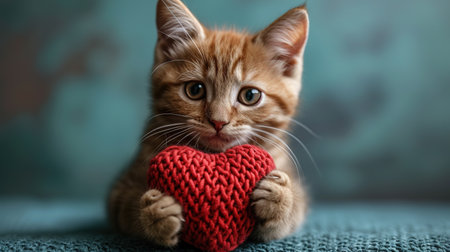 A red knitted heart in the paws of a cat. A postcard with a gray and black fluffy cat for Valentine's Day. Festive background with a cat. copy spaceの素材