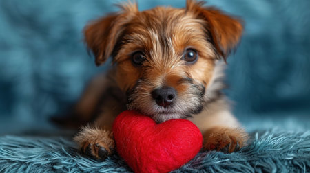 Cute lover Valentine puppy dog lying with a red heart, isolated on blue background. With copy spaceの素材