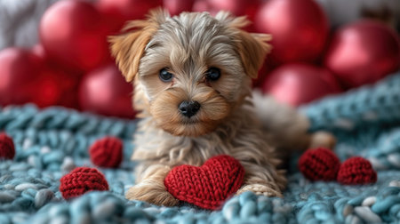 Cute lover Valentine puppy dog lying with a red heart, isolated on blue background. With copy spaceの素材