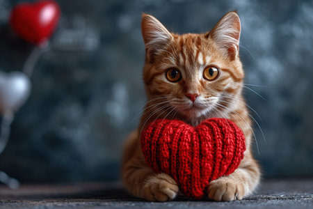 A red knitted heart in the paws of a cat. A postcard with a gray and black fluffy cat for Valentine's Day. Festive background with a cat. copy spaceの素材