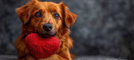 Cute lover Valentine puppy dog lying with a red heart, isolated on gray background. With copy spaceの素材