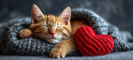 A small red kitten sleeps with a red knitted heart on a dark gray background. A postcard fluffy cat for Valentine's Day. Festive background with a cat. copy spaceの素材