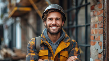 Cute Caucasian bearded construction worker with safety helmet on head in vest standing with arms crossed at construction site and looking at camera.の素材