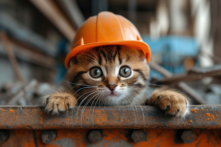 A cute cat is a worker in an orange helmet. A little furry engineer at a construction site.の素材