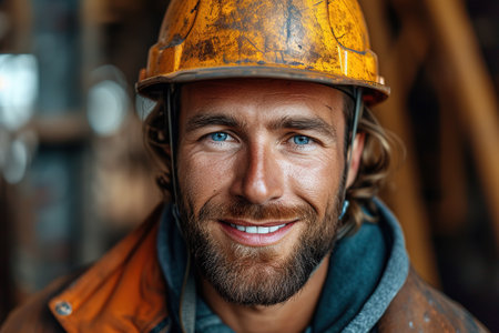 Cute Caucasian bearded construction worker with safety helmet on head in vest standing with arms crossed at construction site and looking at camera.の素材