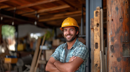 Cute Caucasian bearded construction worker with safety helmet on head in vest standing with arms crossed at construction site and looking at camera.の素材