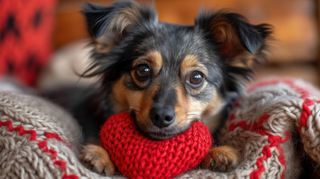 Cute lover Valentine puppy dog lying with a red heart, isolated on blue background. With copy spaceの素材