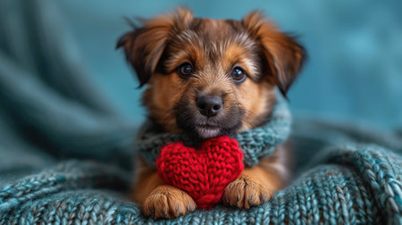 Cute lover Valentine puppy dog lying with a red heart, isolated on blue background. With copy spaceの素材