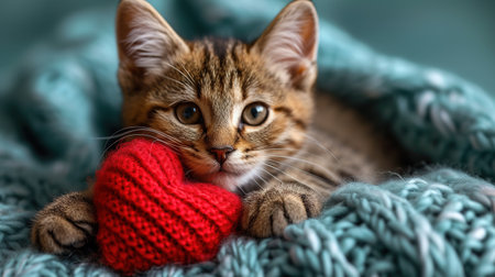 A red knitted heart in the paws of a cat. A postcard with a gray and black fluffy cat for Valentine's Day. Festive background with a cat. copy spaceの素材