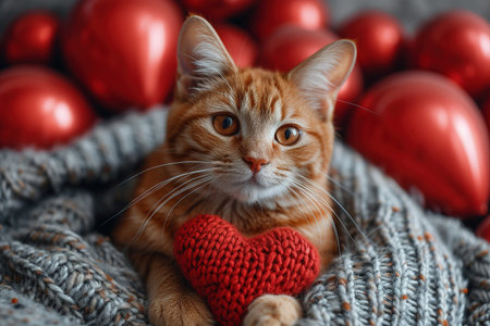 A red knitted heart in the paws of a cat. A postcard with a gray and black fluffy cat for Valentine's Day. Festive background with a cat. copy spaceの素材