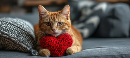 A red knitted heart in the paws of a cat. A postcard with a gray and black fluffy cat for Valentine's Day. Festive background with a cat. copy spaceの素材
