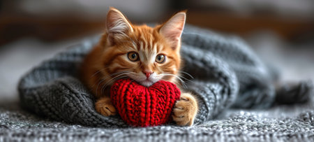 A red knitted heart in the paws of a cat. A postcard with a gray and black fluffy cat for Valentine's Day. Festive background with a cat. copy spaceの素材