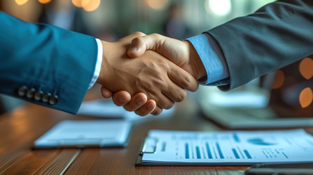 Businessmen making handshake with partner, greeting, dealing, merger and acquisition, business joint venture concept, for business, finance and investment background, teamwork and successful businessの素材