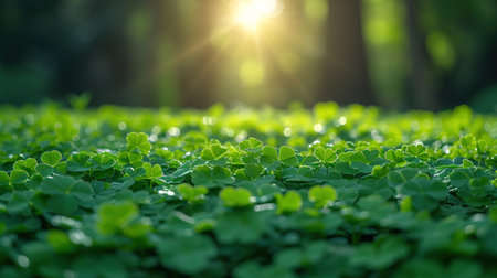 Small green Clover leaves pattern background, Natural and St. Patrick's day background and shamrock wallpaper. vacation and holiday clovers symbol,Spring concept. Copy space for a text.の素材