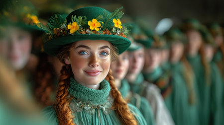 The company of young people celebrate St. Patrick's Day. They are dressed in carnival headgear.の素材