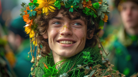 A funny man wearing a leprechaun hat and glasses with clover leaves. Portrait at the carnival on the street. green festive background. St. Patrick's day celebration.の素材