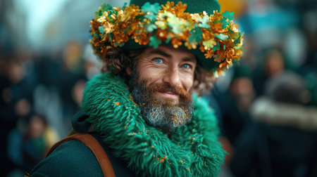 A funny man wearing a leprechaun hat and glasses with clover leaves. Portrait at the carnival on the street. green festive background. St. Patrick's day celebration.の素材