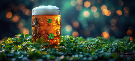 St Patrick's holiday party invitation, bar menu background. Irish St Patrick's day beer, ale glasses, wooden bar table with shamrock, clover, coins, leprechaun hat. Copy space. Banner.の素材