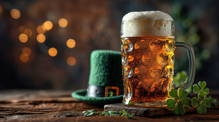 St Patrick's holiday party invitation, bar menu background. Irish St Patrick's day beer, ale glasses, wooden bar table with shamrock, clover, coins, leprechaun hat. Copy space. Banner.の素材