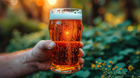 Hand with beer and party glass on green background. St. Patrick's Day celebration.の素材