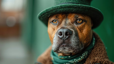 Cute dog with a green scarf around his neck on green background. St. Patrick's Day celebration.の素材