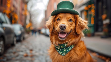 Cute dog with a green scarf around his neck on green background. St. Patrick's Day celebration.の素材