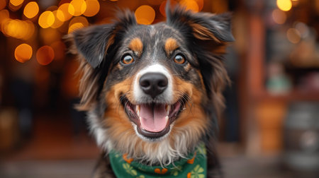 Cute dog with a green scarf around his neck on green background. St. Patrick's Day celebration.の素材