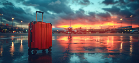 Traveler suitcase at the airport before departure. Travel, vacation, tourism, flights concept. Selected focusの素材