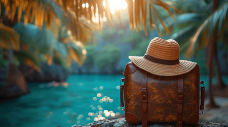Panoramic view of the vintage seacoast with suitcases with straw hat on the sand beach surrounded by palm trees. The concept of leisure and travel.の素材