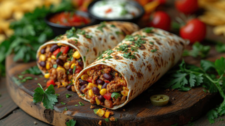 Burritos wraps with beef and vegetables on black background. Beef burrito, Mexican food.の素材
