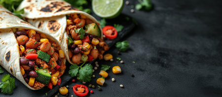 Burritos wraps with beef and vegetables on black background. Beef burrito, Mexican food. With copy space.の素材