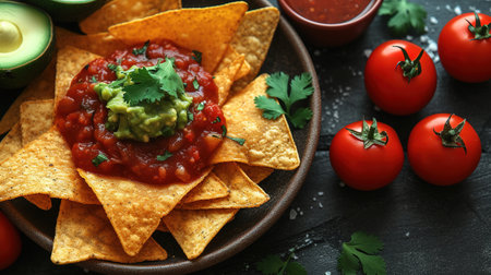Nachos chips with melted cheese and dips variety in black bowl. Gray stone background.の素材