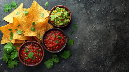 Nachos chips with melted cheese and dips variety in black bowl. Gray stone background. Copy space. Top View.の素材