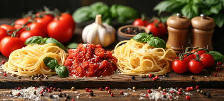 Food background. Italian food background with pasta, ravioli, tomatoes, olives and basil on dark background. Banner