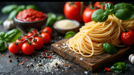 Food background. Italian food background with pasta, ravioli, tomatoes, olives and basil on dark background. Bannerの素材