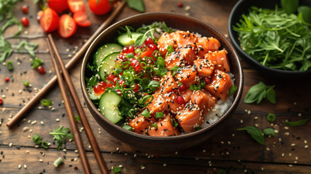 Close-up Hawaiian salmon fish poke bowl with rice, radish, cucumber, edamame, sesame seeds and seaweeds. Buddha bowl. Diet foodの素材