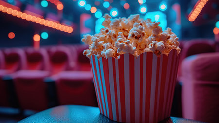 A striped popcorn box in the cinema against the background of red seats. With copy space.の素材