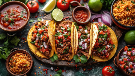 Mexican street tacos flat lay composition with pork carnitas, avocado, onion, cilantro, and red cabbageの素材