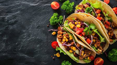 Mexican street tacos flat lay composition with pork carnitas, avocado, onion, cilantro, and red cabbage. Top view with copy space.の素材